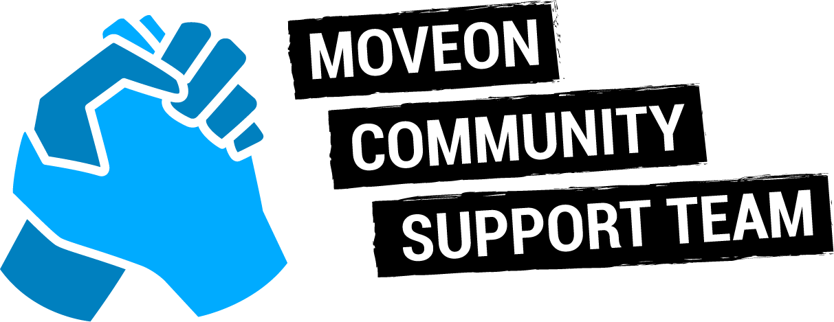 MoveOn Community Support Logo A vector of two blue hands grasped together and to the left is bold text, "MoveOn Community Support Team"