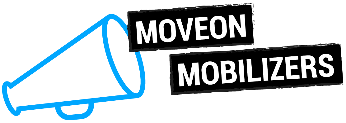 MoveOn Mobilizers Logo A blue speaker icon on the left and a text saying MoveOn Mobilizers on the right.